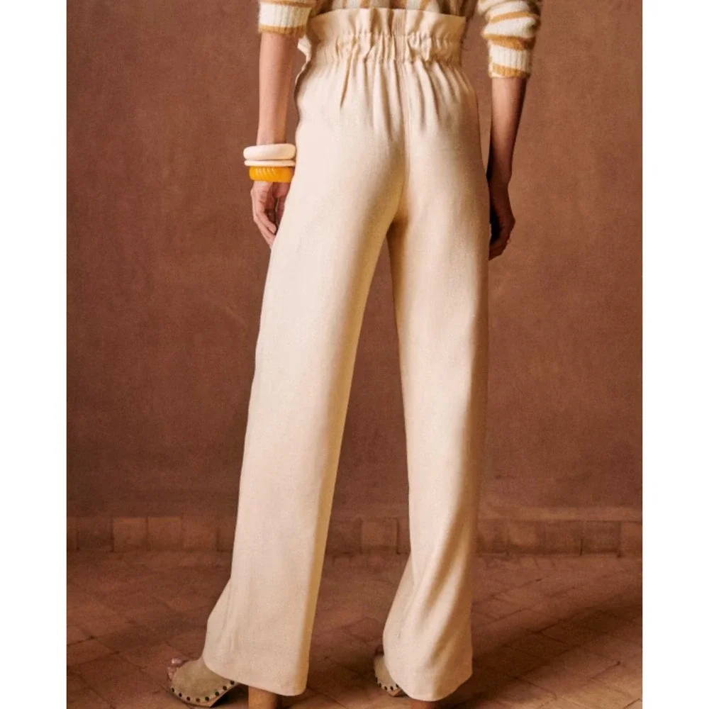 Sezane Silas Cream Linen Blend Paperbag Waist Wide Leg Trousers Pants Ecru Sz 46